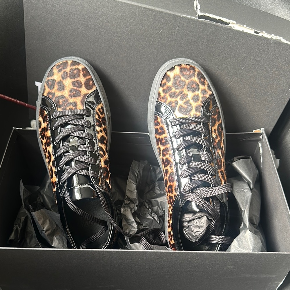 The Kooples Leo Poulain Leather Black& Brown Sneaker Leopard Print Calf Hair NWT - Picture 4 of 8